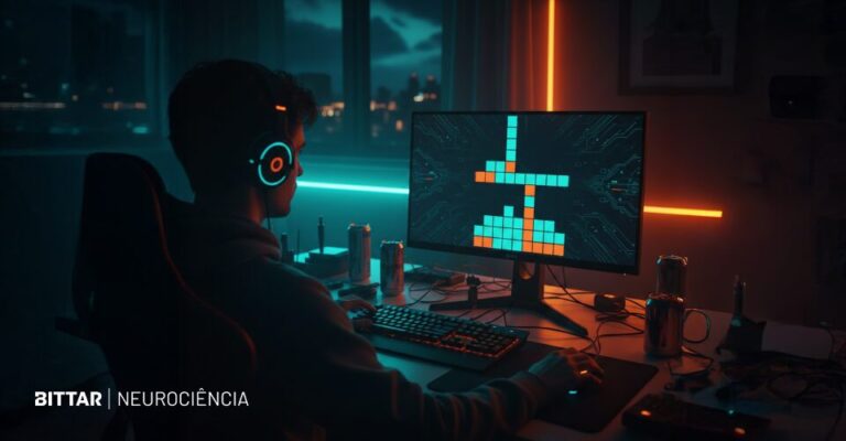 Pessoa joga Tetris em frente ao computador em ambiente escuro, ilustrando a sobrecarga cognitiva e o esforço mental em tarefas dinâmicas.