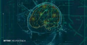 Visualização digital do cérebro humano com sobreposições tecnológicas, representando a sobrecarga cognitiva em tarefas colaborativas analisada por inteligência artificial.