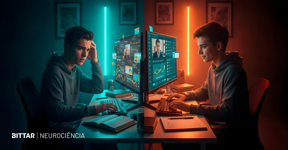 Dois jovens estudam em computadores lado a lado; à esquerda, um parece cansado e confuso diante de uma interface sobrecarregada, enquanto à direita o outro estuda com foco usando uma interface visual organizada.