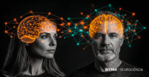 Ilustração de duas pessoas frente a frente com cérebros iluminados em laranja conectados por redes neurais, representando a sintonia e a perda de alinhamento cerebral durante conflitos.