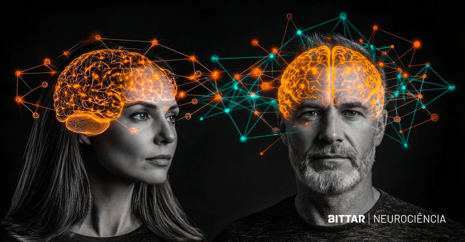 Ilustração de duas pessoas frente a frente com cérebros iluminados em laranja conectados por redes neurais, representando a sintonia e a perda de alinhamento cerebral durante conflitos.