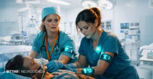 Olhar de enfermeiras enquanto atendem paciente em uma UTI enquanto monitoram sinais vitais, ilustrando o alto nível de atenção, carga mental e estresse no ambiente hospitalar.