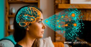Mulher observando à frente com ilustração de cérebro e conexões visuais, representando como o olhar influencia a memória.