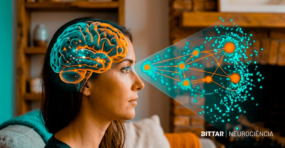 Mulher observando à frente com ilustração de cérebro e conexões visuais, representando como o olhar influencia a memória.